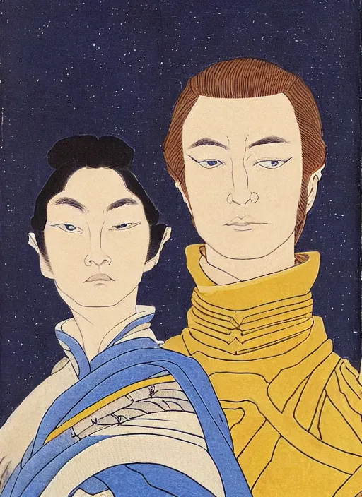 Image similar to portrait of emperor paul atreides and chani, dune, husband and wife, only 2 people, bright blue eyes, scifi, detailed, awe - striking, pious, space opera, in the style of yamato - e, traditional japanese painting, tosa school, tosa mitsuoki, tosa mitsunobu, iwasa matabei