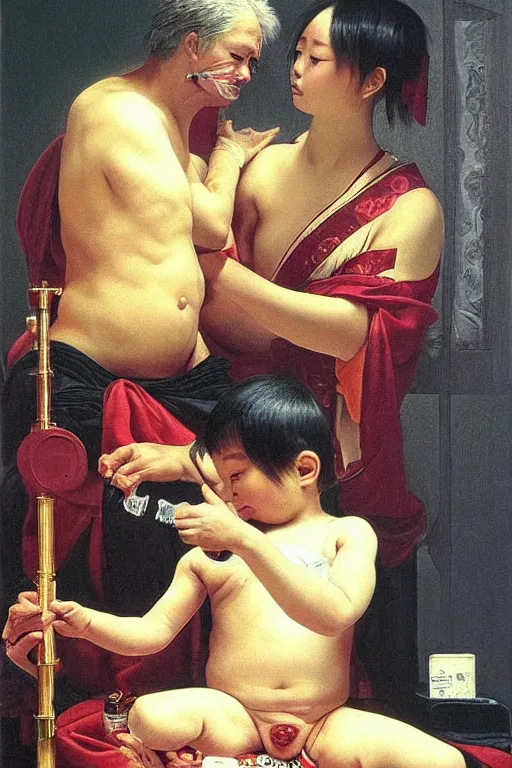 Prompt: hyperrealism oil painting of a baby giving blood to a handsome man, strong jaw, symmetrical, sitting in a gilded throne, tubes coming out of the man's arm, getting a blood transfusion. baby giving blood. in the style of classicalism mixed with japanese book art. detailed. beautiful