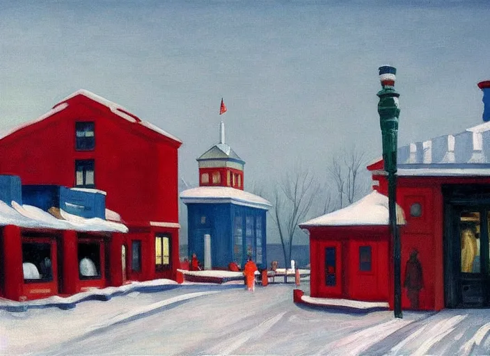 Image similar to a peaceful view of a finnish town in winter, snowfall, gas station cafe, painting by edward hopper