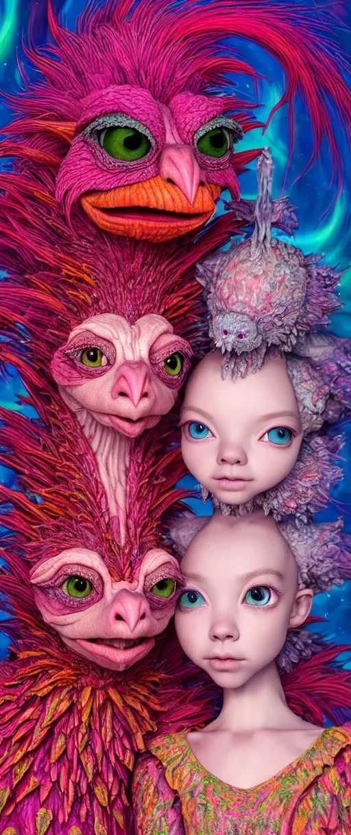 Image similar to hyper detailed 3d render like a Oil painting - kawaii portrait of two Aurora (a beautiful skeksis muppet fae princess protective playful expressive eyes from dark crystal that looks like Anya Taylor-Joy) seen red carpet photoshoot in UVIVF posing in scaly dress to Eat of the Strangling network of yellowcake aerochrome and milky Fruit and His delicate Hands hold of gossamer polyp blossoms bring iridescent fungal flowers whose spores black the foolish stars by Jacek Yerka, Ilya Kuvshinov, Mariusz Lewandowski, Houdini algorithmic generative render, Abstract brush strokes, Masterpiece, Edward Hopper and James Gilleard, Zdzislaw Beksinski, Mark Ryden, Wolfgang Lettl, hints of Yayoi Kasuma and Dr. Seuss, octane render, 8k