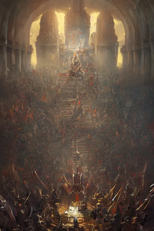 Image similar to Court warhammer harlequin surrounded by crowd, next to the king's throne, futuristic, oil on canvas, digital painting, artstation, concept art, smooth, sharp focus, illustration, artstation trending, perfect composition, golden ratio, beautiful detailed, cinematic, hyper realism, high detail, octane render, 8k, greg rutkowski very coherent symmetrical artwork