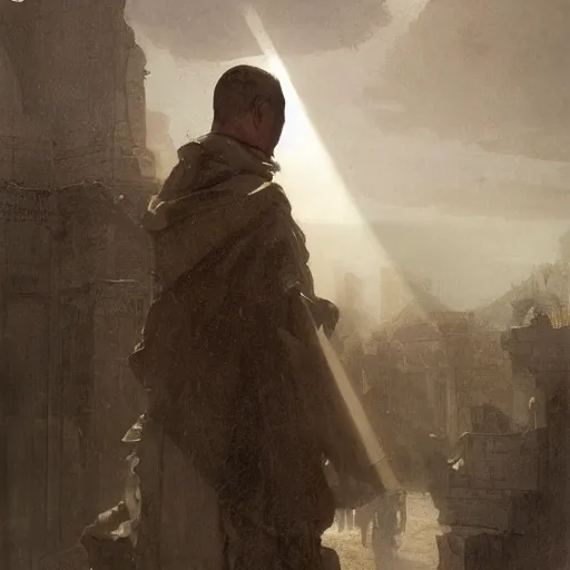 Prompt: portait of magican wearing a closed cerimonial cowl, big old book!!!!!! chained to the wrist, by jeremy mann, by tiepolo, mike mignola, by greg rutkowski, face in the shadows, ( ( ruins of ancient rome ) ), at dusk, mysterious atmosphere, sunrays, high detailed, 8 k