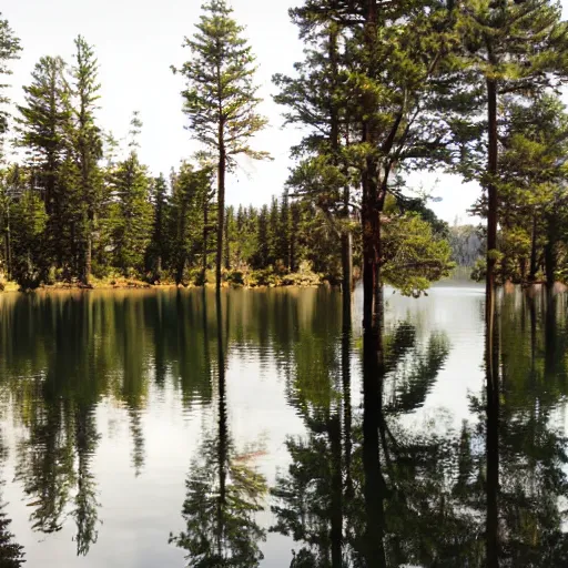 Prompt: photo of the lake in pine forest