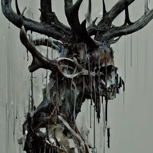 Image similar to leshen with deer skull deer antlers by emil melmoth zdzislaw belsinki craig mullins yoji shinkawa realistic render ominous detailed photo atmospheric by jeremy mann francis bacon and agnes cecile ink drips paint smears digital glitches glitchart