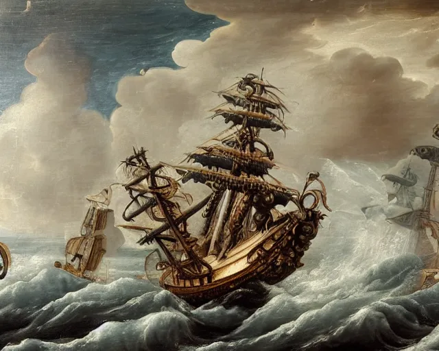 Image similar to a 16th century galleon warship being attacked by the kraken with huge octopus tentacles on the stormy seas with huge waves. The air is choked with cannon fire and smoke. oil painting on canvas, masterpiece, ultra high intricate detail, cinematic