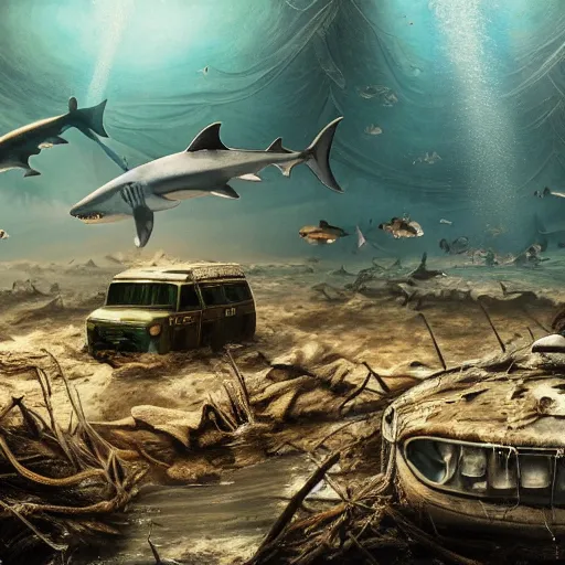 Prompt: An abandoned camp site under water, horror, sharks, hyper detailed, dramatic lighting, CGsociety, realistic, hyper detailed, insane details, intricate, dramatic lighting, hypermaximalist, golden ratio, rule of thirds, octane render, weta digital, micro details, ultra wide angle, Artstation trending, 8k,