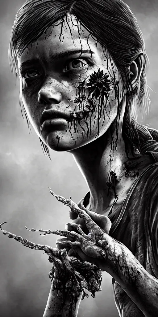 Image similar to the last of us zombie, hyperrealistic, flowers bursting, black and white, cordyceps, striking, hyperrealistic, highly detailed, soft focus, sharp, 8k,