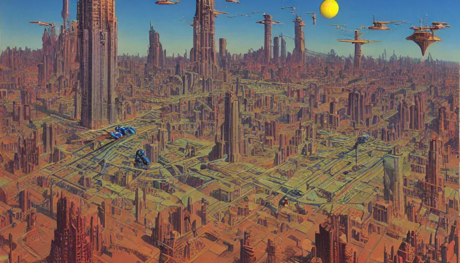 Image similar to a sprawling metropolis with flying cars, by roger dean, by dean ellis, by Jean Giraud, by Moebius, highly detailed, soft lighting, oil on canvas