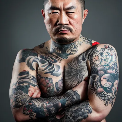 Image similar to A portrait of a tough looking member of the Yakuza, with many tatoos with the motive of My Little Pony, professional portrait photography