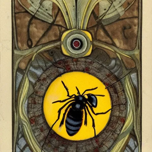 Image similar to a dark bloody ritual spell with a dead bumblebee at the middle of a bullseye of salt, art nouveau