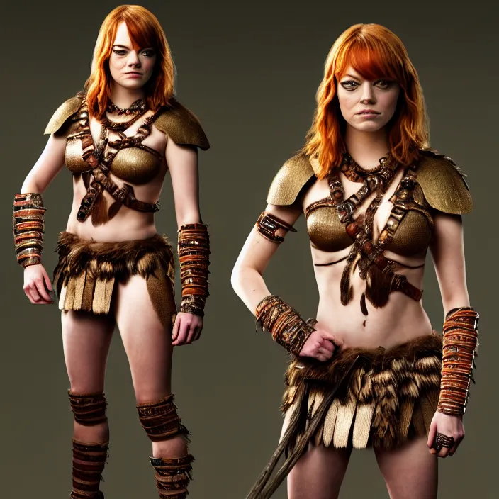 Prompt: professional full length photograph of emma stone as an amazon warrior. Extremely detailed. 8k