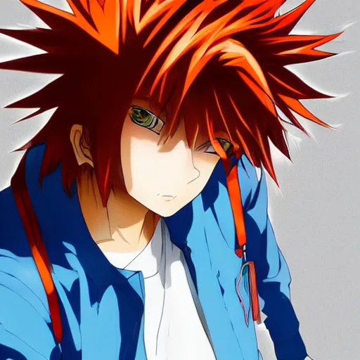 Image similar to orange - haired anime boy, 1 7 - year - old anime boy with wild spiky hair, wearing blue jacket, shibuya street, bright sunshine, strong lighting, strong shadows, vivid hues, sharp details, subsurface scattering, intricate details, hd anime, anime movie, 2 0 2 1 anime
