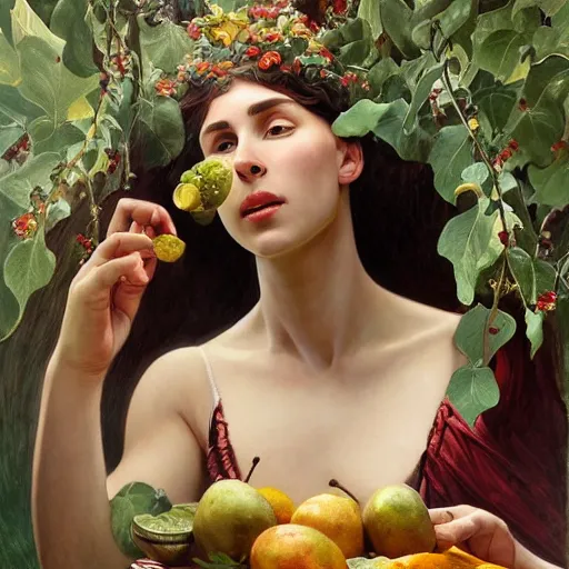 Image similar to mesopotamian eve eating fruit from the tree of knowedge of good and evil in the gardnen of eden, highly detailed, digital painting, artstation, concept art, smooth, sharp focus, illustration, artstation, art by artgerm, greg rutkowski, alphonse mucha, ilya repin and charlie bowater