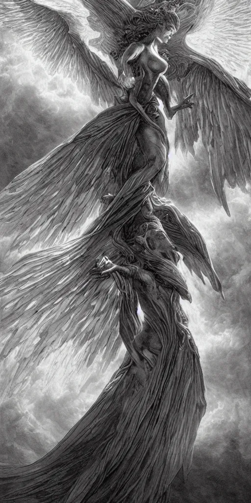 Image similar to burning wings of mighty angel lucifer falling from the heavens, elegant, beautiful, engraving, concept art, elden ring, illustration, smooth, sharp focus, by gustave dore and greg rutkowski, hyper realistic, ephemeral, dramatic lighting, fantasy art, in the style of midjourney, intricate, alphonse mucha, hyper detailed