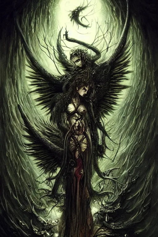 Image similar to life and death mixing, demonic wings, fireflies, hyperdetailed, 4 k, trending on artstation, dark and gloomy, demonic, cinematic, artgerm, h. r. giger, francis bacon, gustave moreau, luis royo