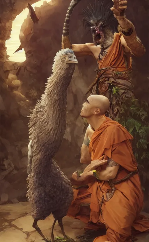 Image similar to male monk petting an undead emu, d & d, fantasy, intricate, highly detailed, digital painting, artstation, octane render, concept art, matte, sharp focus, illustration, hearthstone, art by artgerm and greg rutkowski and alphonse mucha