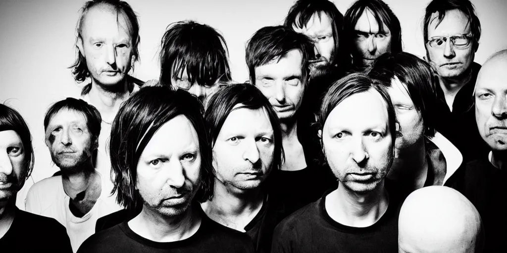 Image similar to a black and white photo of a group Radiohead, an album cover by David Gilmour Blythe, pinterest, bauhaus, tesseract, composition, national geographic photo, flemish baroque