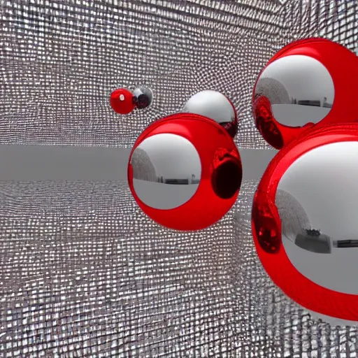 Prompt: chrome spheres on a red cube, panoramic