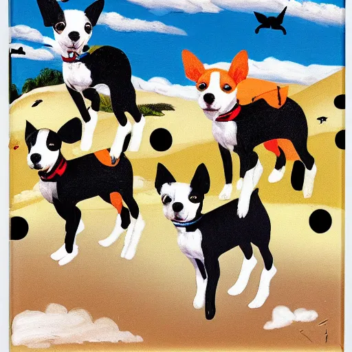 Prompt: biplane flying, piloted by identical 3 dogs, toy fox terrier breed, black and white spots, panting, tin tin painting