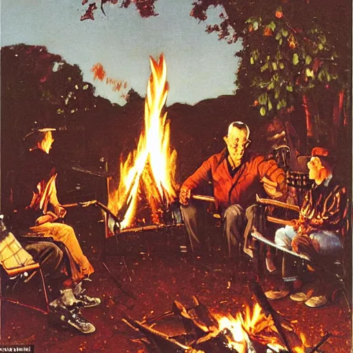 Prompt: a chair burning in a campfire, its night and in the background there is a scientist watching, norman rockwell artwork