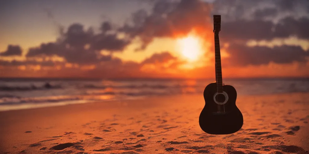 Prompt: kodak portra 400 photo of an acoustic guitar on the beach at sunset with a fire