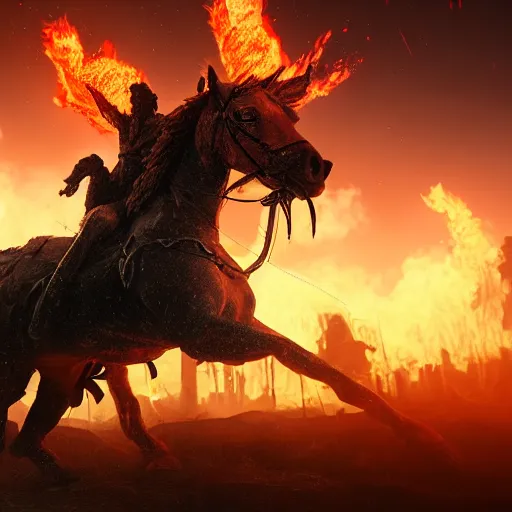 Image similar to the devil riding a mutant horse, riding through fire and mud in an apocalyptic destroyed city, trending artstation, octane render, cinematic lightning, 8k, simulacra