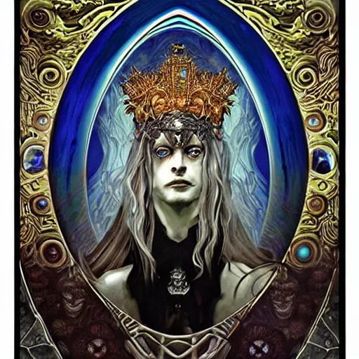 Prompt: portrait of hades king of the underworld made with porcelain by Jeff Easley and Peter Elson + beautiful eyes, beautiful face + symmetry face + border and embellishments inspiried by alphonse mucha, fractals in the background, galaxy + baroque, gothic, surreal + highly detailed, intricate complexity, epic composition, magical atmosphere + masterpiece, award winning + trending on artstation