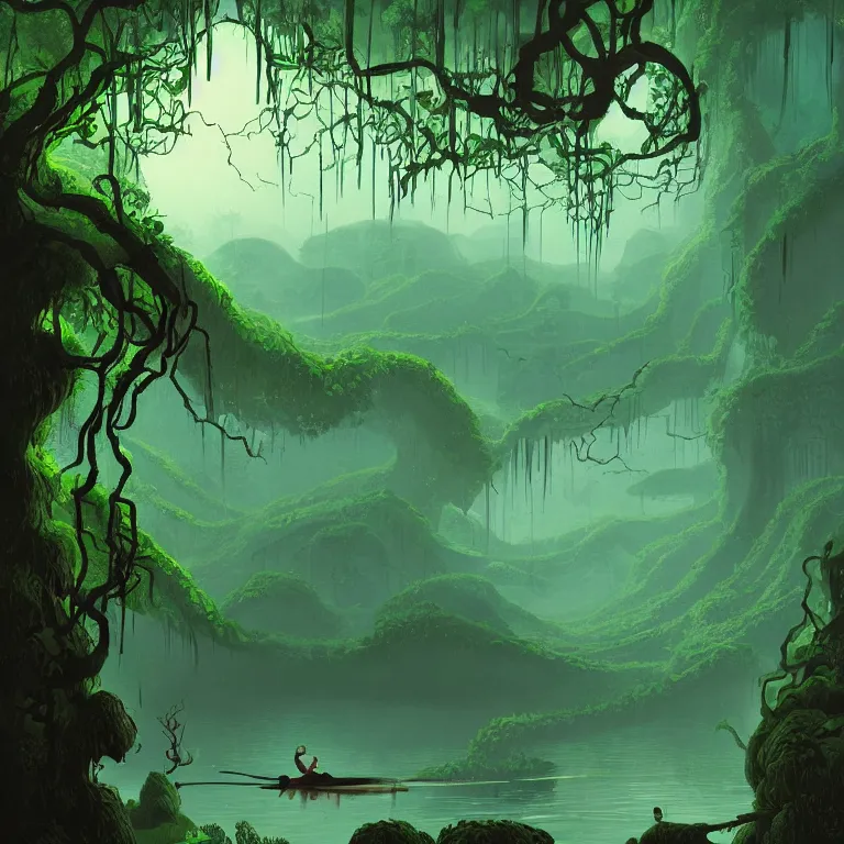 Prompt: concept art of a person in a body of water surrounded by trees, lush vines, a detailed matte painting by eyvind earle, featured on deviantart, fantasy art, matte painting, enchanting