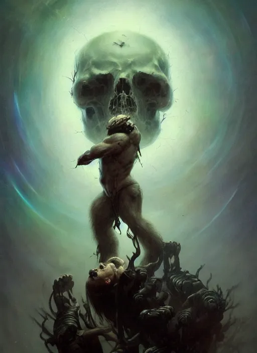 Prompt: shackled in the void of heaven, frank frank frazetta and cgsociety, stunning god sasquatch, charlie bowater and tom bagshaw, insanely detailed, artstation, space art, atoms surrounded by skulls, death, and spirits deep under the haze smaoke, horror, sci - fi, surrealist painting, by peter mohrbacher