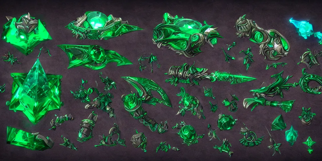 Image similar to fantasy world of warcraft weapons and treasure, green emerald, crystal, magic, hard surface, collection, kitbash, parts, artstation, 8k, Shape and form