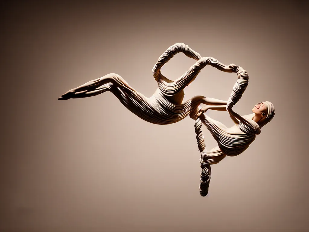 Prompt: a perfect photograph of a woman made of corrugated alabaster. she is floating, contorted and tied in a knot. she has three million legs. perfect focus, studio lighting, maglev chernobyl