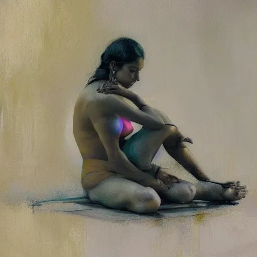 Prompt: a realistic hyperdetailed multi - colored digital oil full body portrait painting of a an indian woman sunbathing, beautiful, the style of guy denning, ruan jia, and craig mullins. trending on artstation and deviantart. cgsociety digital art.