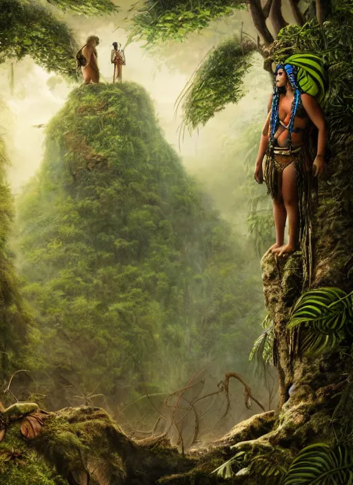 Prompt: two indigenous people standing side by side in the jungle, fantasy art, highly detailed, matte painting