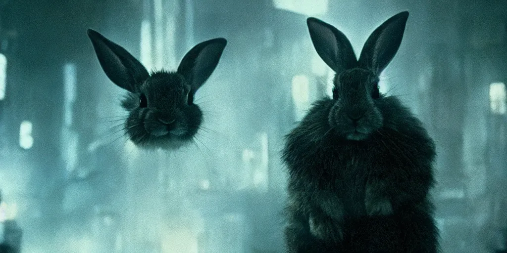Prompt: a rabbit in the movie bladerunner, screenshot