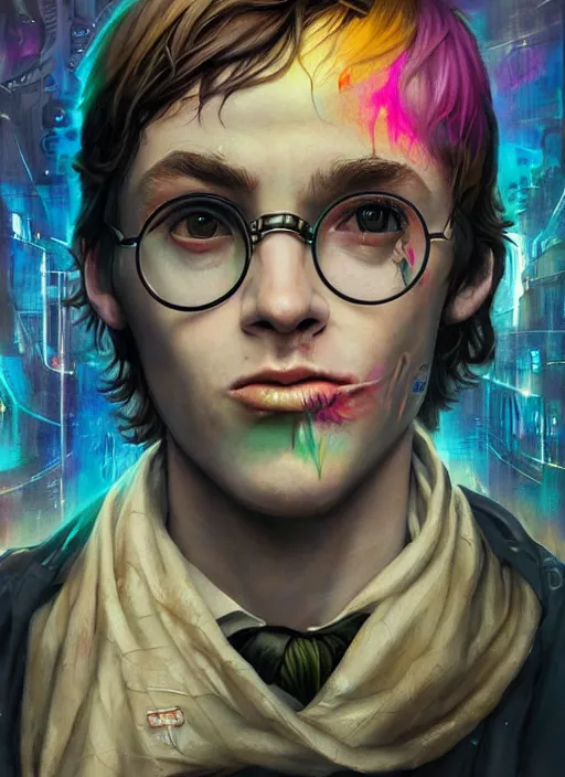 Prompt: beautiful portrait of Lofi cyberpunk Harry Potter, by Tristan Eaton, Stanley Artgermm, Tom Bagshaw, Greg Rutkowski, Carne Griffiths. trending on DeviantArt, face enhance, hyper detailed, trending on Artstation, 8k, masterpiece, graffiti paint, fine detail, full of color, intricate detail, golden ratio illustration