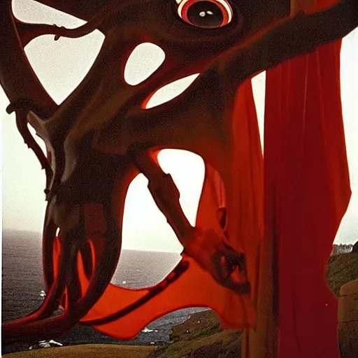 Image similar to by bruce davidson, by andrew boog faithfull redscale photography evocative. a beautiful kinetic sculpture of a horned, red - eyed, skeleton - like creature, with a long black cape, & a staff with a snake wrapped around it, standing in front of a castle atop a cliff.