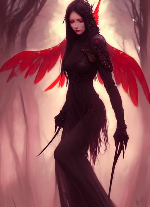 Prompt: a beautiful cinematic sexy female seraphim, black wings slightly burnt, fantasy forest landscape, fantasy magic, red black fade hair, dark light night, intricate, elegant, sharp focus, illustration, highly detailed, digital painting, concept art, matte, art by WLOP and Artgerm and Greg Rutkowski and Alphonse Mucha, masterpiece