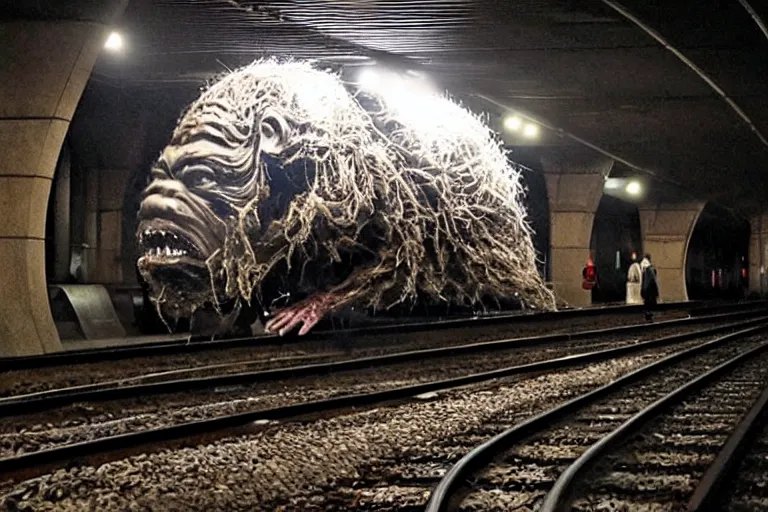 Image similar to very large giant mutant zombie irradiated ( angry rat ) staying on railways in tonnel of moscow subway. extreme high detail, very realistic. extreme long shot, low dark light, scary mood, anish kapoor.