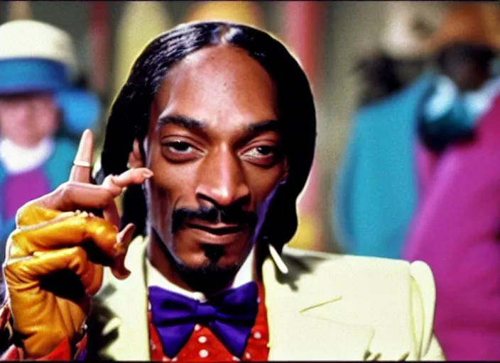 Image similar to film still of Snoop Dogg as Willy Wonka in Willy Wonka and the Chocolate Factory 1971