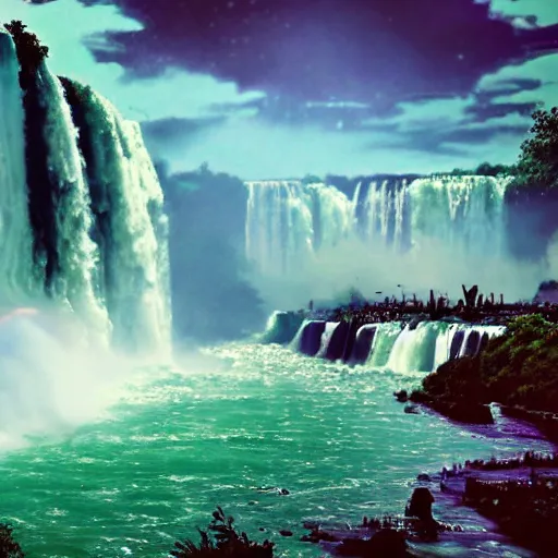 Prompt: iguazu falls, retrowave epic art, trending on art station