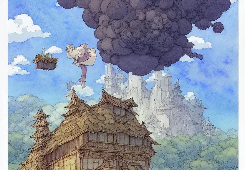 Image similar to a simple watercolor fantasy concept art of a giant grey cube floating in the air. by studio ghibli, rebecca guay, michael kaluta, charles vess