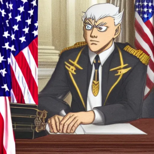 Prompt: president griffith from berserk by kentaro miura sitting at white house desk with american flag at his side