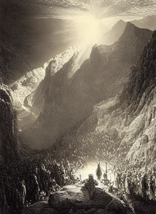 Prompt: battle in the epic valley, shaft of light, high contrast, gustave dore
