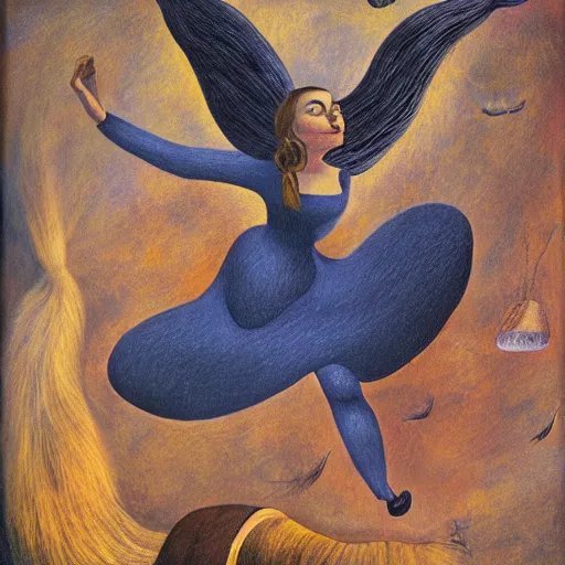 Prompt: detailed surrealistic woman flying midair with rabbit in hands in the style of remedios varo