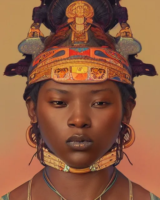 Image similar to colourful upper half portrait of dark - skinned tribal warrior - art by tenmyouya hisashi, hsiao - ron cheng & alphonse mucha, highly detailed, digital painting, illustration, smooth, sharp focus, intricate, symmetry, pinterest, behance, artstation