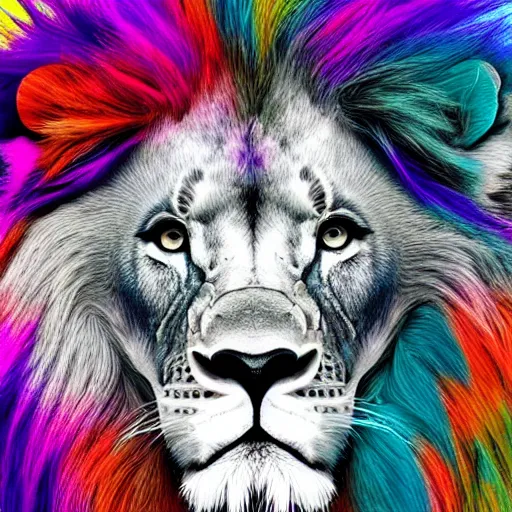 Prompt: cover of a lion in black and white, with its colorful mane full of color, photo portrait, digital art, realistic, well detailed, 8k