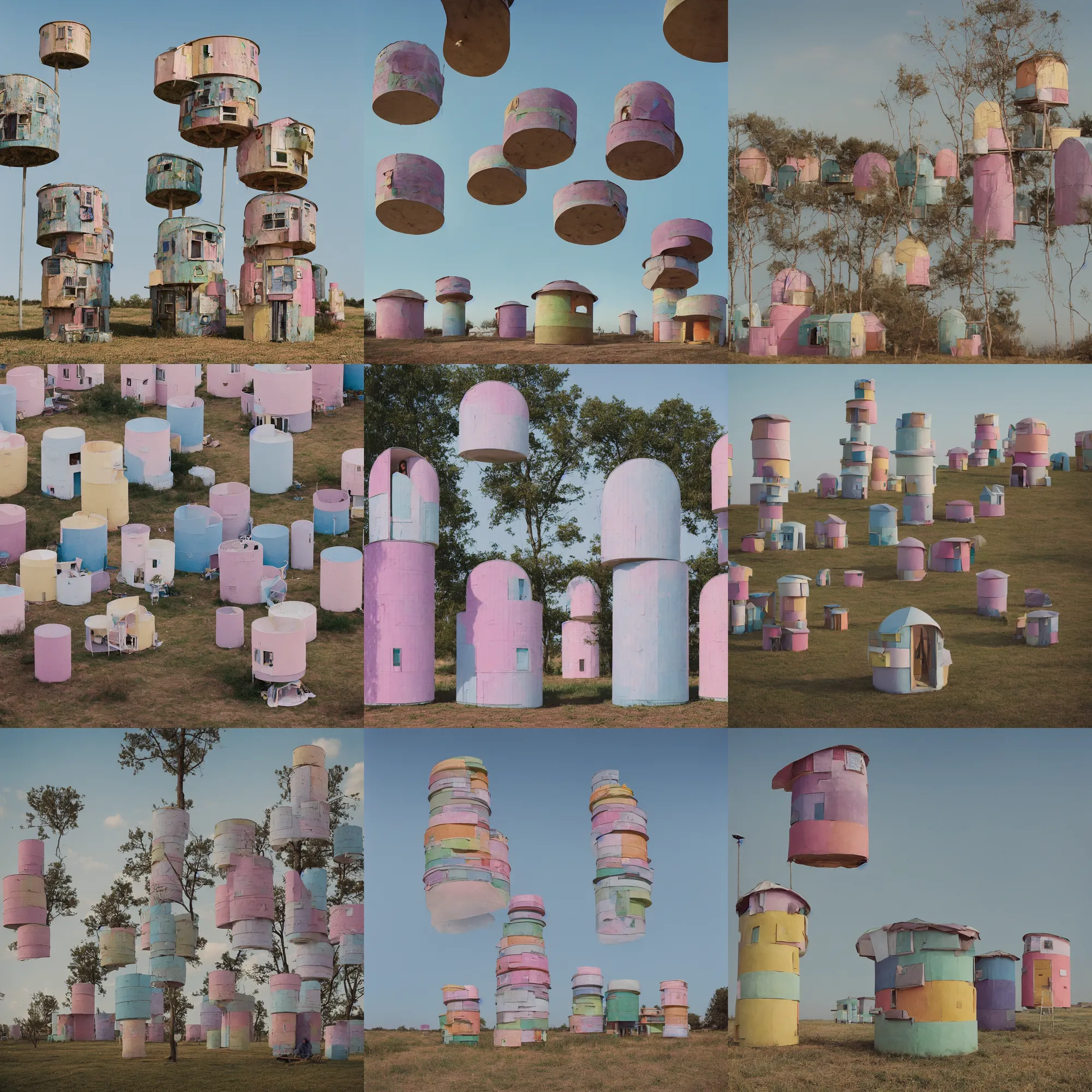 Prompt: circular towers made up of makeshift squatter shacks with pastel colours, mamiya, 8 5 mm, f 1. 7, uniform plain sky, fine details, photographed by cristina de middel and julie blackmon