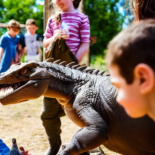 Prompt: a highly detailed photo of kids petting a t rex at a petting zoo, 4 k high - resolution photograph, ultra detail, hd photo