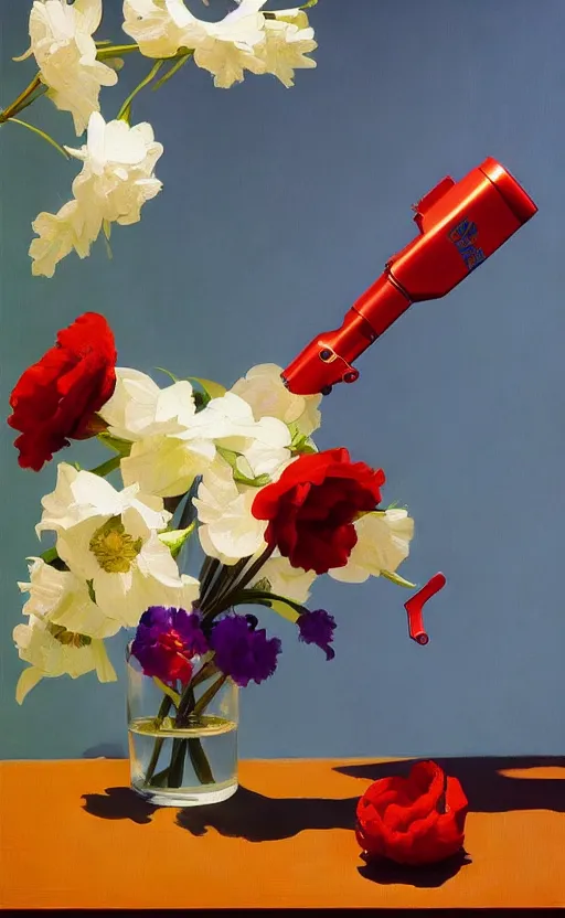 Image similar to beautiful still life featuring blooming flowers and a hand gun, very coherent, painted by Edward Hopper, painted by James Gilleard, airbrush, art by JamesJean