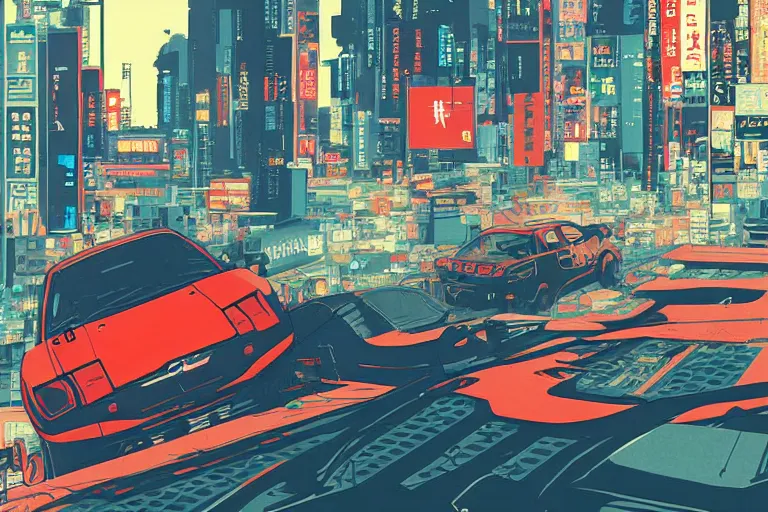 Prompt: Poster Illustration of Geo Metro, neo-Tokyo, Akira Color Palette, Inspired by Akira + MGS2 + FLCL, 8k :4 by Vincent Di Fate + Arc System works + Katsuhiro Otomo 2002 peugeot 206 xs, city in anime cyberpunk style by Hayao Miyazaki